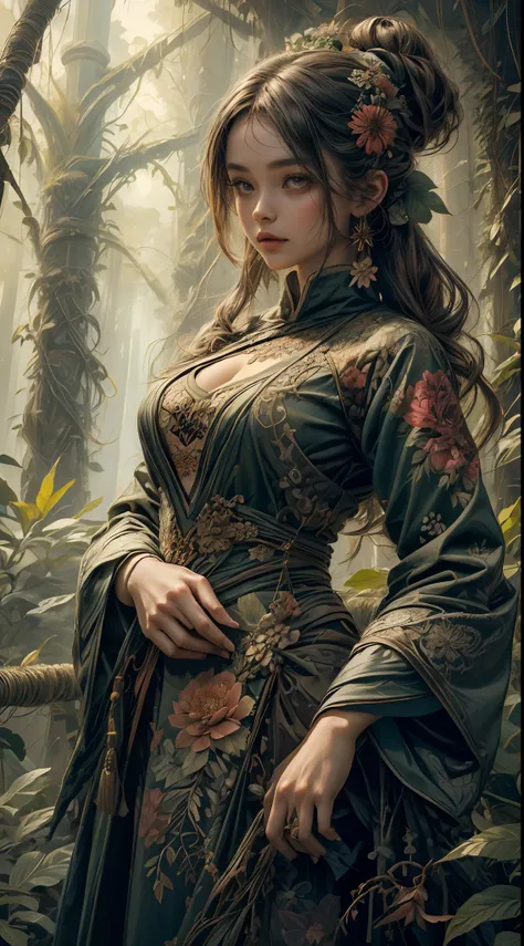 1sexy girl with forest clothes, flowers, leaves, mandalas, fractal