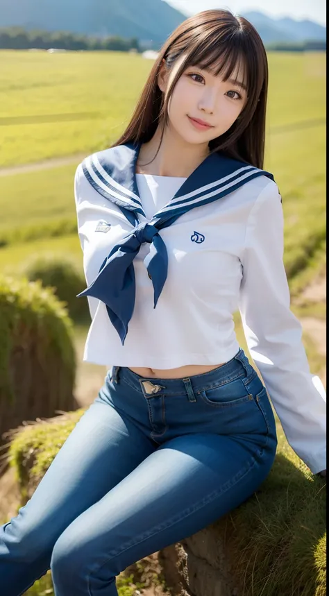 a pregirl，horse tailed，ssmile, looking at viewert, sailor uniformm,skintight jeans, athletic sneakers，photore, realisticlying, Best quality at best, employee, 详细的脸, Sit on high mossy rocks on the steppe, diffuselighting, depth of fields, Background bokeh