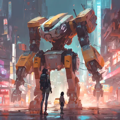 anime girl in short shorts and jacket standing next to giant robot, artwork in the style of guweiz, cyberpunk anime girl mech, trending on cgstation, guweiz, by Russell Dongjun Lu, digital cyberpunk anime art, ross tran 8 k, guweiz on artstation pixiv, gir...