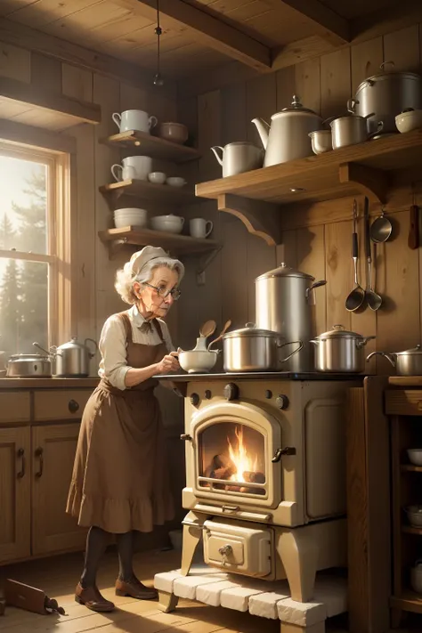 granny cooking beans on an old wood stove light-beige wallpaper