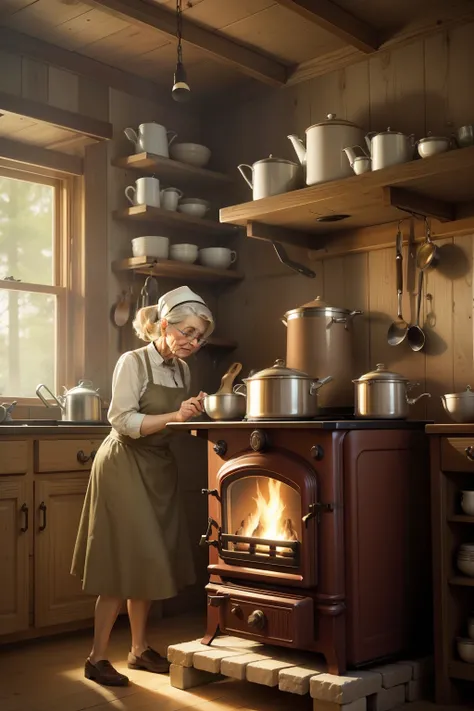 granny cooking beans on an old wood stove light-beige wallpaper