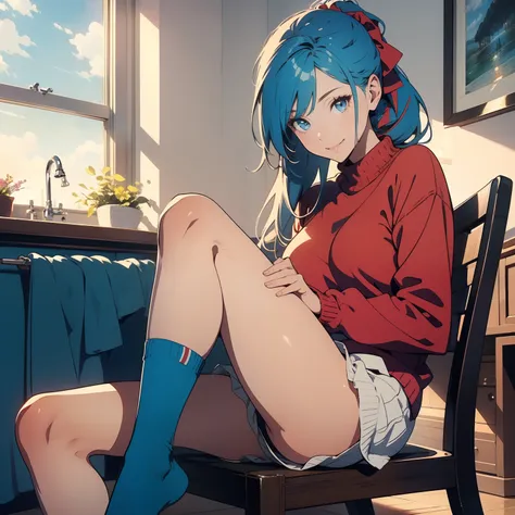 Masterpiece, top quality, best quality, official art, red and white, beautiful beauty, realistic, high quality, 4k, rich details, 1girl dominate, beauty, long hair, single ponytail, seductive smile, legs, sweater, sexy, white socks, indoors, room, sky blue...