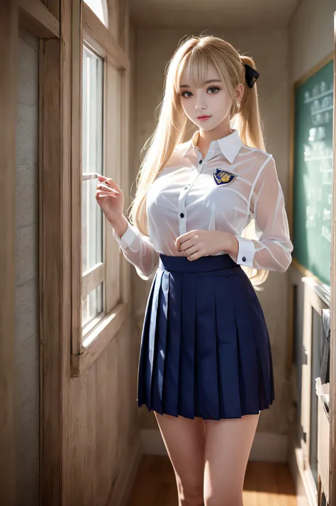 portlate、((school uniforms:1.5))、bright expression、poneytail、young shiny shiny white shiny skin、best looks、blonde reflected ligh...