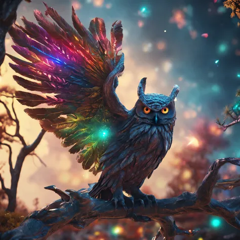 close shot  of a mythical owl with colorful feathers, galaxy eyes, shiny feathers, detailed feathers, detailed big eyes, the owl is landing on an alien tree branch , looking at viewers with the eyes of judgement, focus, alien landscape background .BREAK,De...