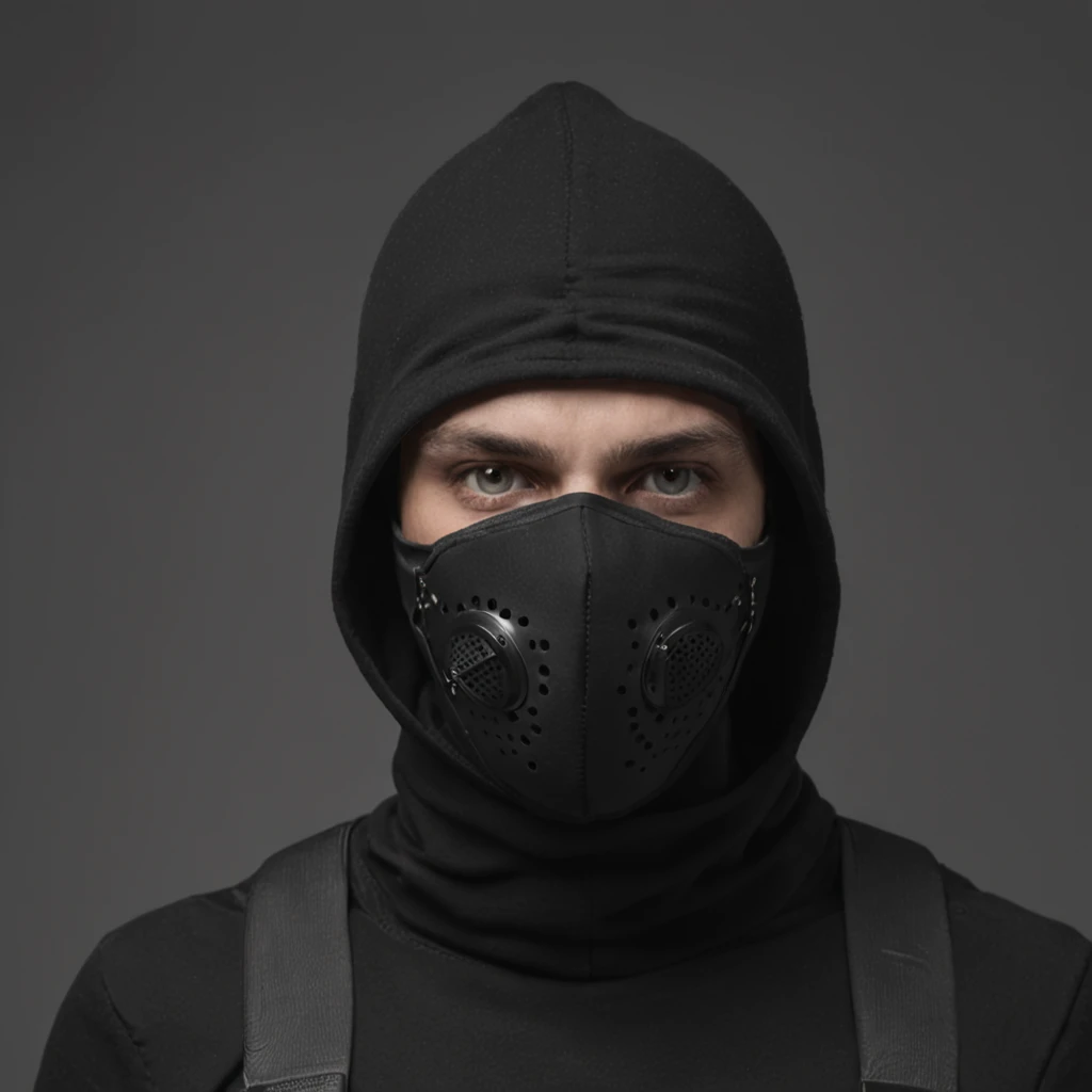 Arafed homem vestindo uma jaqueta preta e vermelha e um capacete preto, viseira escura cobrindo a parte superior do rosto, viseira escura cobrindo o rosto, usando um capuz, Cyberpunk Rua Goon, ski mask, balaclava cobrindo o rosto, Foto de perfil, bladee fr...