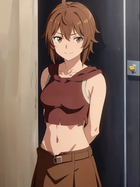 (anime screencap,
1girl, upper body, brown hair, navel, closed mouth,smile, midriff, skirt, brown eyes, solo,short hair, belt, o...