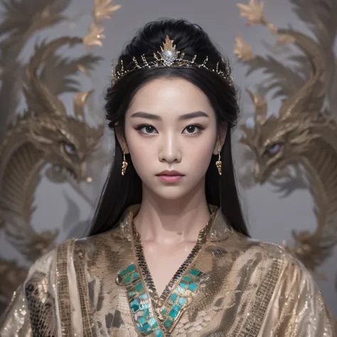 16k（tmasterpiece，k hd，hyper HD，16k）Long flowing black hair，Jewelry quarter in the back room，Brunette King ，Dragon Protector （realisticlying：1.4），Python pattern robe，Purple-pink tiara，Snowflakes fluttering，The background is pure，Hold your head high，Be proud...