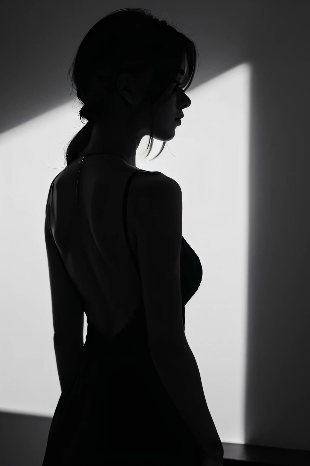 black and white photograph,light and shadow, female  back,masterpiece，silhouette