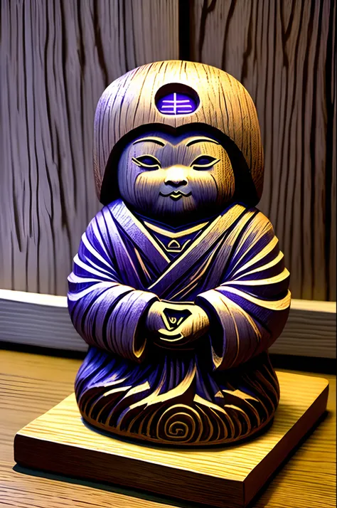 Handsome young wood carving Jizo，boxwood，very refined，A purple light glows from behind，and the three words of Faroge written with a brush