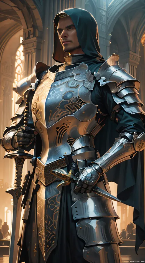 wearing plate armor、young noble male knight with a long sword，portrait of a noble knight，dignified，on the battlefield，intricate ...