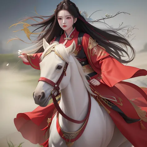 Woman in red riding a white horse in the field, xianxia fantasy, inspired by Chen Yifei, a young woman as genghis khan, portrait shooting, xianxia hero, inspired by Zhang Yan, Chinese fantasy, Palace ， A girl in Hanfu, inspired by Zhu Derun, Chinese woman,...