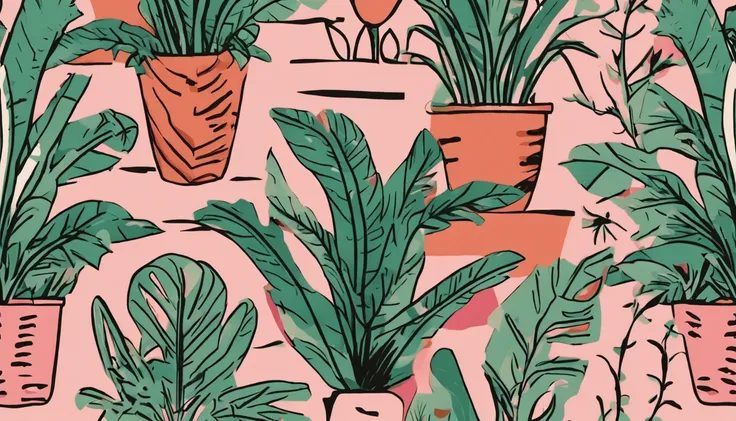 Close-up of a bunch of plant motifs, a digital rendering inspired by Josse Lieferinxe, Tumblr, modernism, textile print, tropical, plants allover, tropical mood, tropical, green and pink fabric, (tropicalism), neutral color neo - fauvism, tropicalism, eleg...