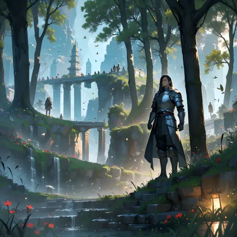 (8k wallpaper:1.2),(Ultra-high resolution:1.2),(masterpiece:1.1),wallpaper,High quality,masterpiece,(High detail),1man, knight armour, relaxed, smiling,resting near a river, surrounded by trees, surrounded by knights, Camp,small group of royal knights,shin...