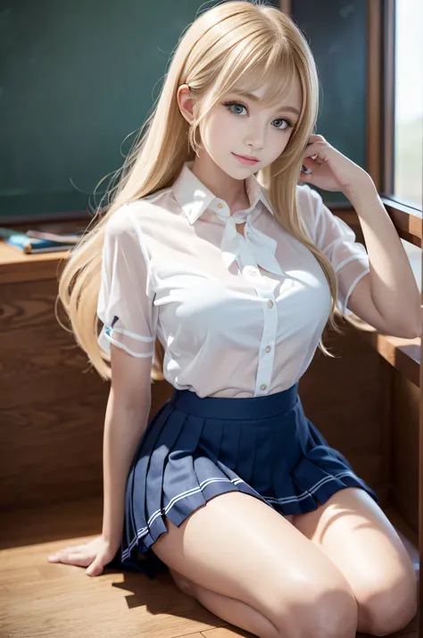 portlate、((School Uniforms:1.5))、bright expression、poneyTail、Young shiny shiny white shiny skin、Best Looks、Blonde reflected light、Platinum blonde hair with dazzling highlights、shiny light hair,、Super long silky straight hair、Beautiful bangs that shine、Glow...