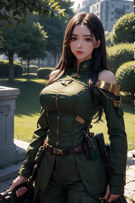 Very detailed CG unity 8K wallpaper，（tmasterpiece），（best qualtiy），（ultra - detailed），（Ultra photo realsisim），（best character detail：1.36），Nikon D750 f / 1.4 55mm，profesional lighting， physically-based renderingt, 1girll, Female soldier，army suit，Dark green...