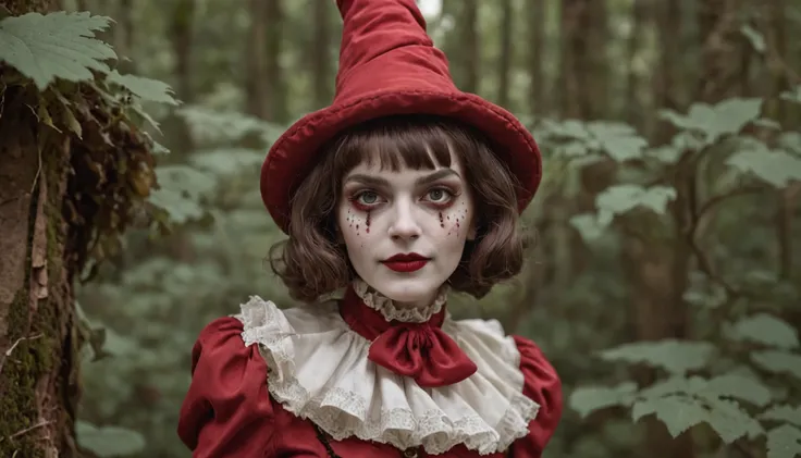 one retro fool girl on the mooshrooms forest, mooshroom, 1girl, ((vintage tight suit jester)), ((dirty)), fool clothes, fool cap, jester, buffoon, clown, fool, mountebank, harlequin ((best quality)), ((masterpiece)), ((realistic)), realistic photo, artisti...