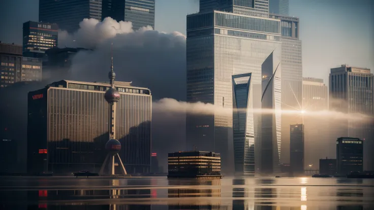 verism style，real photograph，（photore：2），Tall structures，megabuildings，fog atmosphere，rays of sunshine，neonlight，In front of you is the river，Shanghai Oriental Pearl，Rich layers，Highly meticulous，Rich in detail，Excellent quality