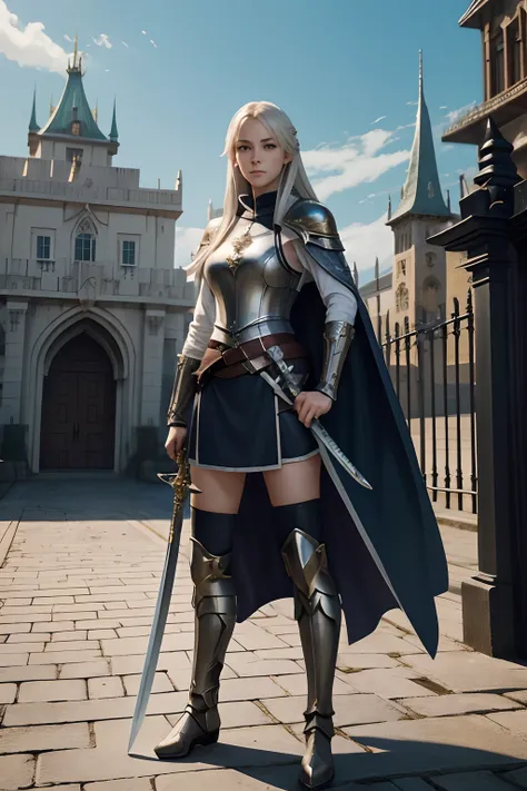 full body view of young female with sword and cape holding sword in hand, In front of the gate of the royal castle, official character art, young female, pretty female cleric, fus rei, cushart krenz key art feminine, female cleric, she is holding a sword, ...