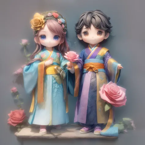 Rainbow Colors theme,(1 girl and 1 boy,Wear Hanfu,Hand in hand,Smile,Masterpiece rose）, (illustration:1.2,paper art:1.2, zentangle:1.2, geomerty:1.2,a 3D render),(Best quality, high detal, Masterpiece,  Cinematic lighting, 4K, Chiaroscuro)