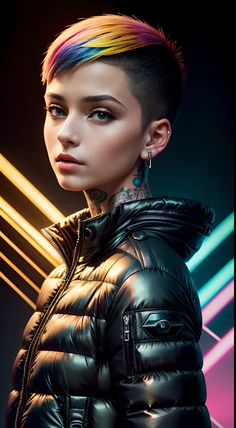 realistic,photo,35mm,cinematic(1woman with super puffer balenciaga jacket with short hair,neck tattoos)colorful background graphite,ultra sharp