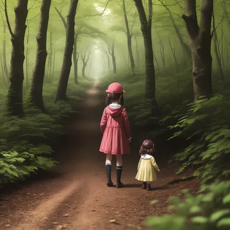 There are two little girls playing in the woods