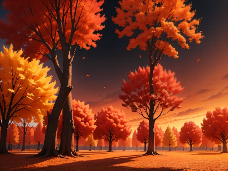 Crimson Autumn Symphony: A panorama of trees ablaze with rich red, orange, and gold leaves against a crisp fall sky, celebrating the vibrant hues of autumn.