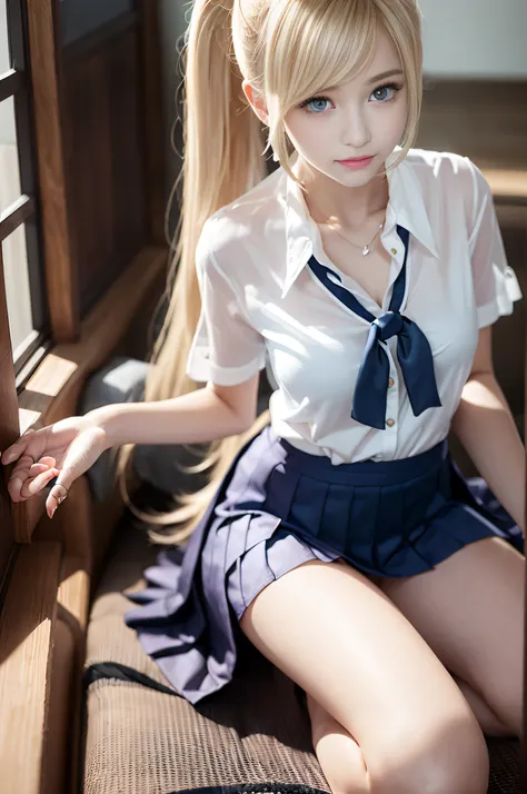 portlate、((school uniforms:1.5))、bright expression、poneytail、young shiny shiny white shiny skin、best looks、blonde reflected ligh...