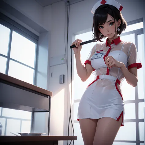 Beautiful female nurse，1 woman，short mini dress，see-through transparent clothes