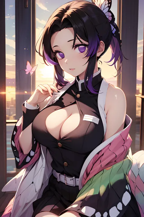 Kochou Shinobu, 1girl,masterpiece, multicolored hair,sleeveless, purple eyes, black jacket,black skirt,uniform, white haori, , multiple butterflies, , laked sunset, lens flare, perfect lighting, highest quality, hands behind, thick thighs, large breasts, b...