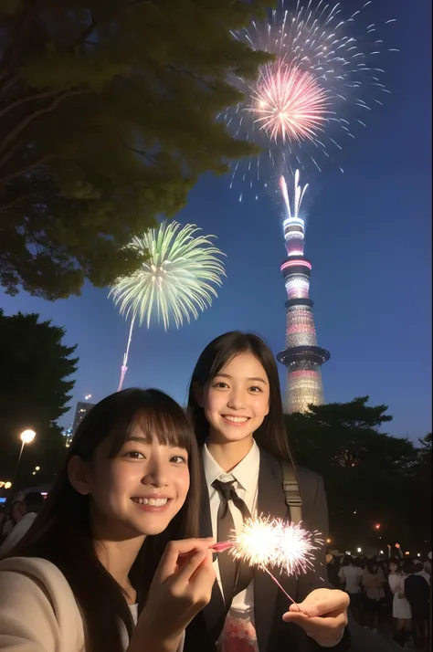 A smile、hi-school girl、校服、While doing fireworks、mare、Tokyo Skytree、cherry trees