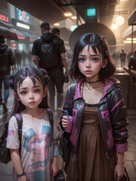 Change baground cyberpunk beautiful little girl hide chest realistic face. 8k