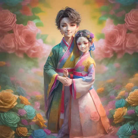 Rainbow Colors theme,(1 girl and 1 boy,Wear Hanfu,Smile）, (illustration:1.2,paper art:1.2, zentangle:1.2, geomerty:1.2,a 3D render),(Best quality, high detal, Masterpiece,  Cinematic lighting, 4K, Chiaroscuro)