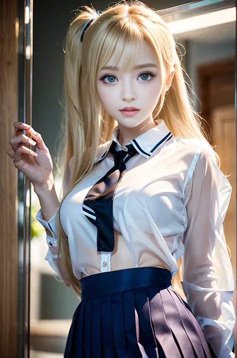 portlate、((School Uniforms:1.5))、bright expression、poneyTail、Young shiny shiny white shiny skin、Best Looks、Blonde reflected light、Platinum blonde hair with dazzling highlights、shiny light hair,、Super long silky straight hair、Beautiful bangs that shine、Glow...