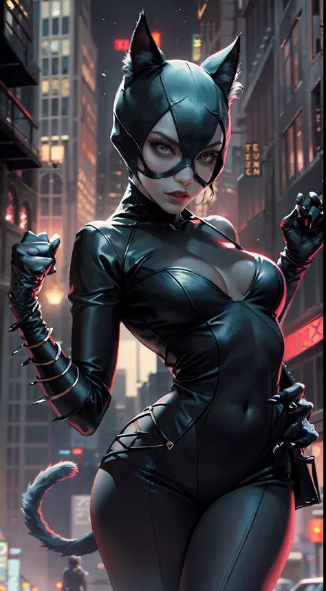 Background Gotham City，Batman Catwoman in a black suit stands in the middle of the city, Extremely detailed Artgerm, Cat woman, Catwoman, Style Artgerm, wojtek fus, cgsociety - w 1 0 2 4 - n 8 - i, IG model | Art germ,（realisticlying：1.2），（hentail realism）...