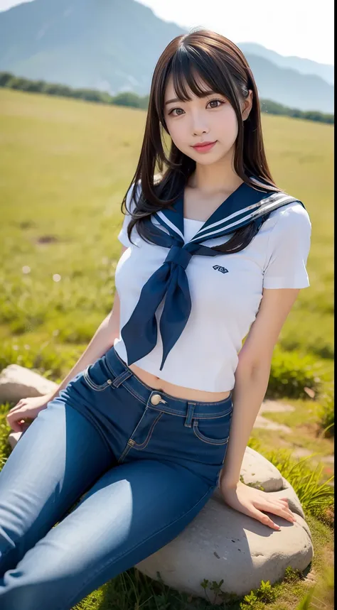 a pregirl，horse tailed，ssmile, looking at viewert, sailor uniformm,skintight jeans, athletic sneakers，photore, realisticlying, Best quality at best, employee, 详细的脸, Sit on high mossy rocks on the steppe, diffuselighting, depth of fields, Background bokeh