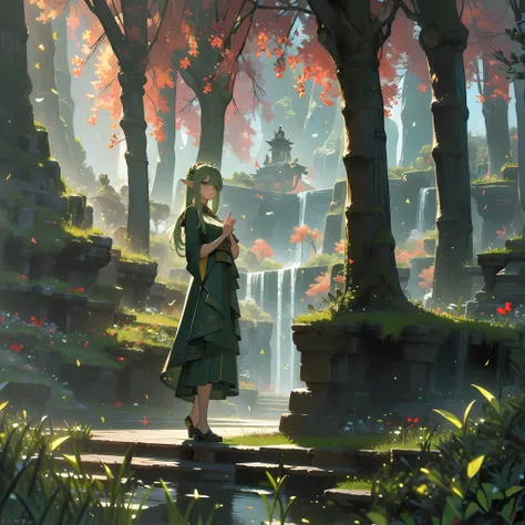 (8k wallpaper:1.2),(Ultra-high resolution:1.2),(masterpiece:1.1),wallpaper,High quality,masterpiece,(High detail),1woman,elf, wearing a green warrior dress, surrounded by elves, houses on trees,elves holding bows, extremely beautiful elves, luscious golden...