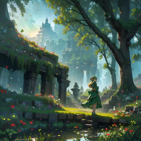 (8k wallpaper:1.2),(Ultra-high resolution:1.2),(masterpiece:1.1),wallpaper,High quality,masterpiece,(High detail),1woman,elf, wearing a green warrior dress, surrounded by elves, houses on trees,elves holding bows, extremely beautiful elves, luscious golden...