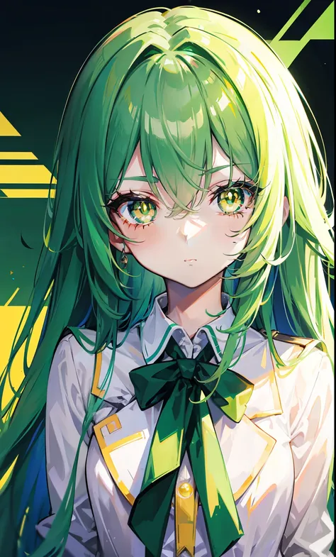 Long green hair，Symmetrical six eyes grow on the face，Royal yellow pupils，Glow brown skin，in school uniform，Its a pretty cute weird little girl