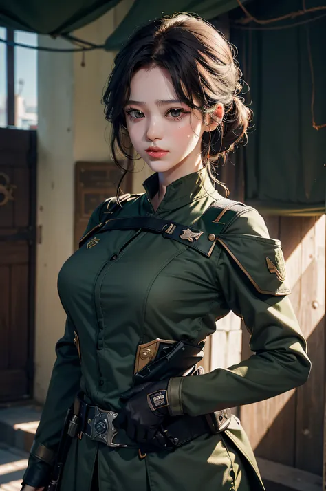 Very detailed CG unity 8K wallpaper，（tmasterpiece），（best qualtiy），（ultra - detailed），（Ultra photo realsisim），（best character detail：1.36），Nikon D750 f / 1.4 55mm，profesional lighting， physically-based renderingt, 1girll, Female soldier，army suit，Dark green...