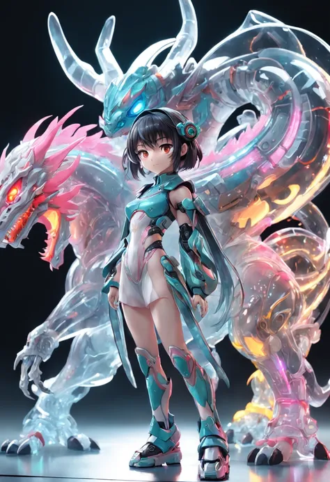 chinesedragon, (Blind box toy style:1.2), (Full body shot) , 1 Transparent girl,Behind him is a transparent Chinese dragon, Transparent mech, Exquisite helmet:1.2, Luminous goggles:1.2, Cyberpunk, dreamy glow, luminous neon lights, Clean, White background,...