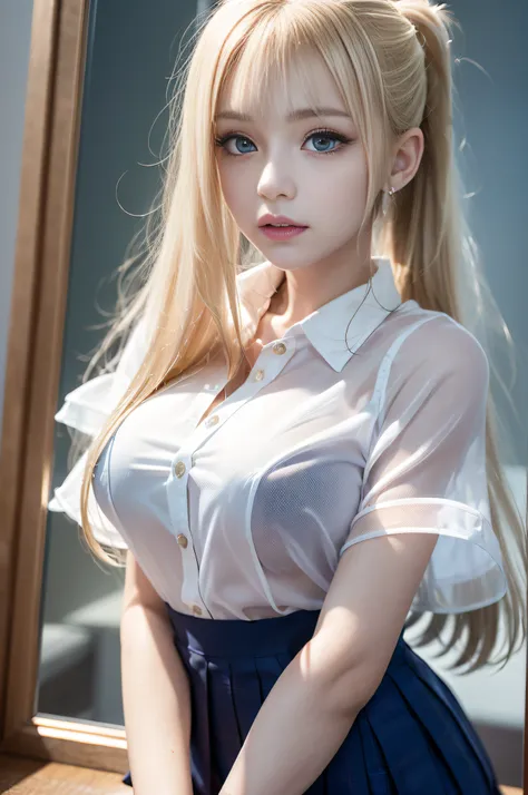 portlate、((School Uniforms:1.5))、bright expression、poneyTail、Young shiny shiny white shiny skin、Best Looks、Blonde reflected light、Platinum blonde hair with dazzling highlights、shiny light hair,、Super long silky straight hair、Beautiful bangs that shine、Glow...