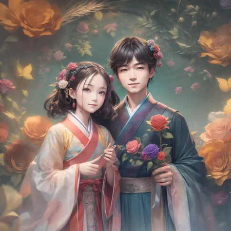 Rainbow Colors theme,(1 girl and 1 boy,Wear Hanfu,Smile,Hand in hand,Masterpiece rose）, (illustration:1.2,paper art:1.2, zentangle:1.2, geomerty:1.2,a 3D render),(Best quality, high detal, Masterpiece,  Cinematic lighting, 4K, Chiaroscuro)