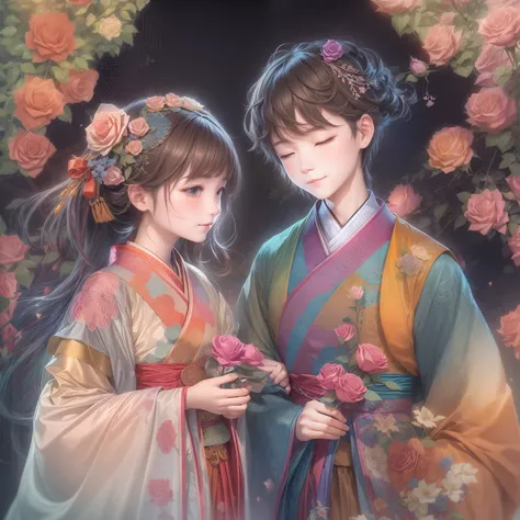 Rainbow Colors theme,(1 girl and 1 boy,Wear Hanfu,Smile,Hand in hand,Masterpiece rose）, (illustration:1.2,paper art:1.2, zentangle:1.2, geomerty:1.2,a 3D render),(Best quality, high detal, Masterpiece,  Cinematic lighting, 4K, Chiaroscuro)