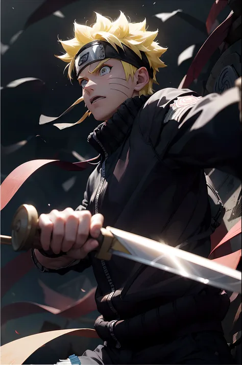 (obra maestra, La mejor calidad), Naruto Uzumaki, 1boy facing Sasuke, su mejor amigo y rival, who has joined the forces of evil that threaten to destroy his village and his dream. Naruto is using his sword and special abilities to defend himself., mientras...