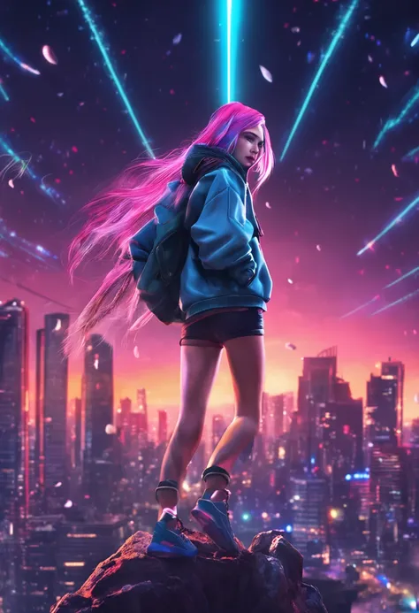 "Image Quality: 8K (Best Quality Scale: 1.2), Artistic Style: Realistic, Photorealistic Factor: 1.37, Clarity: Ultra High Definition, Subject:1girl flying above stunning cityscape ,hoodie,blue hair, neon color shooting stars, very long hair, off shoulder, ...