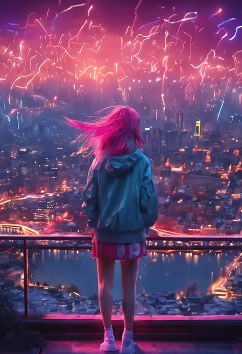 "Image Quality: 8K (Best Quality Scale: 1.2), Artistic Style: Realistic, Photorealistic Factor: 1.37, Clarity: Ultra High Definition, Subject:1girl flying above stunning cityscape ,hoodie,blue hair, neon color shooting stars, very long hair, off shoulder, ...