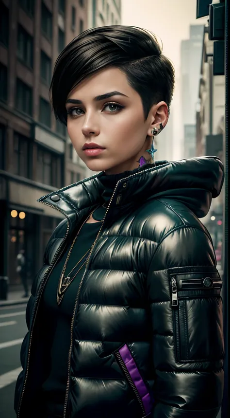 realistic,photo,35mm,cinematic(1woman with super puffer balenciaga jacket with short hair,neck tattoos)colorful background graphite,ultra sharp