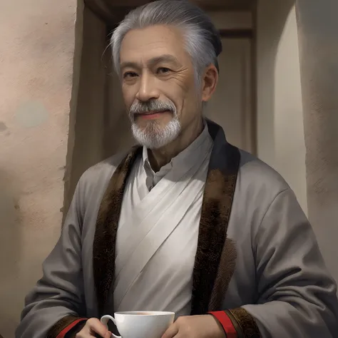 A gray-haired twilight old man，A kind smile，With a beard，Teacup in hand，asian man，realisticlying，Ancient general hairstyle，Ancient literati，Face the lens，Three View，orthofacial，Front view，photorealestic，National style virtual human，Smooth skin