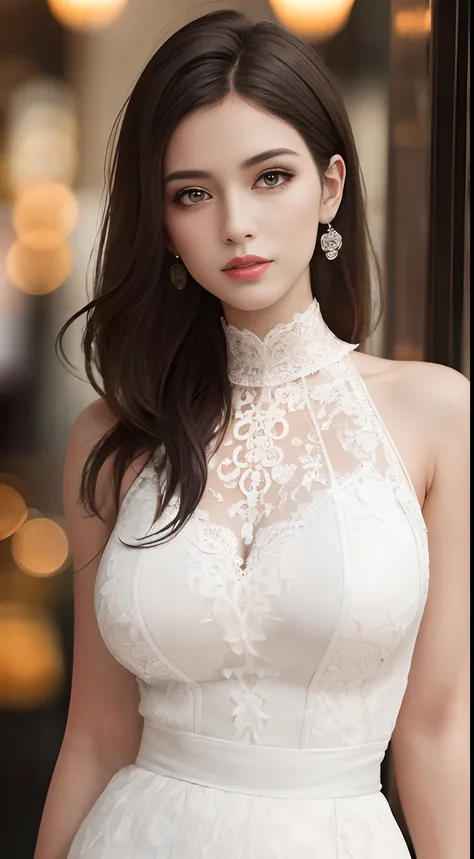 (Masterpiece:1.2, Best quality), Realistic, (Real picture, Intricate details, Depth of field), parted lip, High neck lace skirt，highly  detailed, Perfect face, Perfect body, Large models,
Mature woman, Tall, Long legs, 
Natural background bokeh