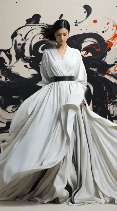 An Arapei woman in a white dress stands in front of a painting, flowing white robe, flowinggown, flowing robe, modest flowing gown, flowing white robe, Flowing robes, white regal gown, floating dress, flowing magical robe, inspired by Farid Mansour, draped...